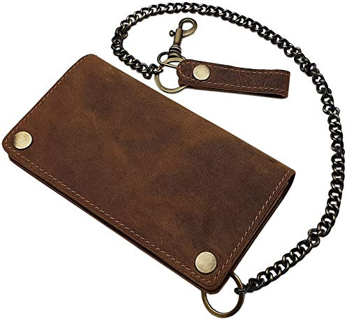 myledershop Cuir de Buffle Motard Porte-Monnaie avec chaîne en métal et Amovible Porte-Cartes avec Blocage RFID et NFC en Noir ou Marron (Marron)