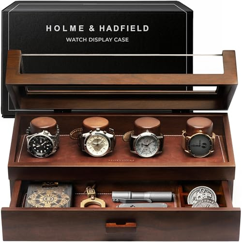 Holme & Hadfield Förhöj din klocksamling med klockdäcket - premium klockdisplay fodral för 4 klockor - unik födelsedagspresent för män - klocka och armbandsur i trä - livstidssäkring ingår