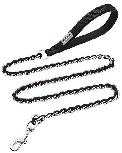 Chain Dog Leash Chew Proof Metal Leash for Medium Large Dogs, Chain Link Dog Anti Chew 5.2FT / 4FT Strong Anti Bite Comfortable Soft Padded Handle (Black, 4FT(30-80lb)