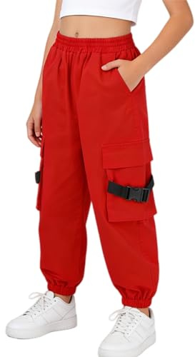 Rolanko Pantaloni Cargo per Bambini,Pantaloni da Jogging per Ragazzo e Ragazza Street Hip Hop Dance(Rosso,11-12 anni/160)