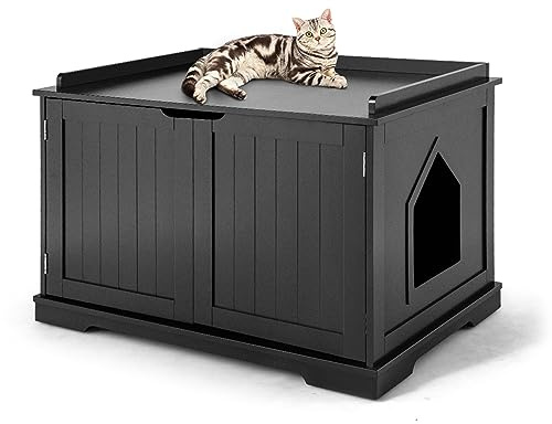 COSTWAY Casetta per Gatti, Lettera per Animali, Recinto con Foro, Cassa con Struttura in Legno Resistente (Nero)