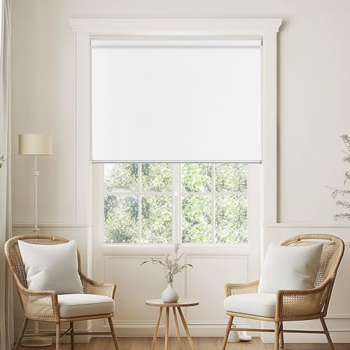 ChrisDowa Cordless 100% Blackout Roller Shade, with Striped Jacquard, Thermal Insulated, UV Protection Fabric, Total Blackout Blinds for Window, French Doors, Home and Office. White, 44 W x 72 H