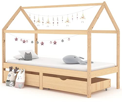Gecheer Kids Bed Frame with Drawers Wooden Frame Bedroom Baby Cots Toddler Furniture Wooden Children's Bed Tree House Design Bed Baby Toddler Children Girls Boys Bed Solid Pine Wood 90x200 cm
