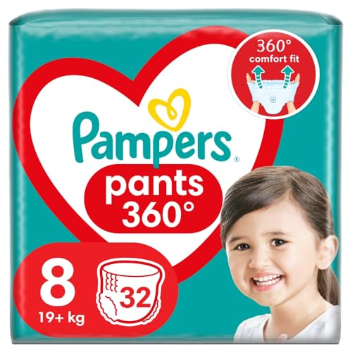 Pampers Pants Pañales, talla 8 (19 kg), paquete de 32 unidades, pañales con bolsillo antifugas en la parte trasera