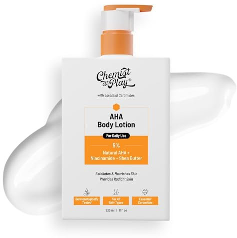 Chemist At Play AHA Body Lotion with 5% Natural AHA, Niacinamide, Shea Butter | For Exfoliating Dry & Dead Skin Cells, Deep Nourishment & Radiant Skin | Skin Brightening Lotion | 236ml