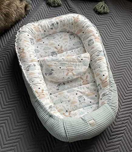 LOOLAY Babynest Set 85 cm x 60 cm - Baby nestchen aus Waffelpique Bio- Baumwolle - Babynestchen Neugeborene Handmade EU - Baby Nest 2 Teilig - Minze Waffelpique Hase Beige