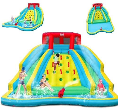 COSTWAY 5 en 1 Château Gonflable avec Toboggan Aquatique & Pataugeoire, Aire de Jeux Gonflable en Oxford avec Mur d'escalade, Canon à Eau, Charge 150kg pour 2-3 Enfants de 3-10 Ans(sans souffleur)