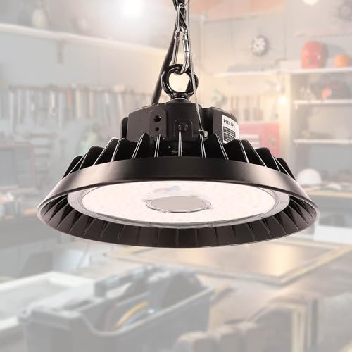 LED High Bay Hallenstrahler 150W mit PREMIUM-Marken-Treiber dimmbar (1-10V) neutralweiß 4000K 22.500lm 150lm/W 120° IP65 Industrielampe Werkstattbeleuchtung Ø283xH128mm 5 Jahre Garantie