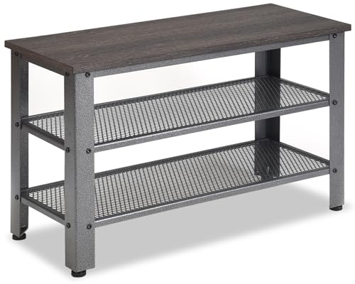 HOMASIS - Banco de zapatos de 3 niveles con asiento - Zapatero con 2 estantes de celosía - Armario para zapatos de metal y madera - Banco con 4 reposapiés - Estante de almacenamiento de diseño