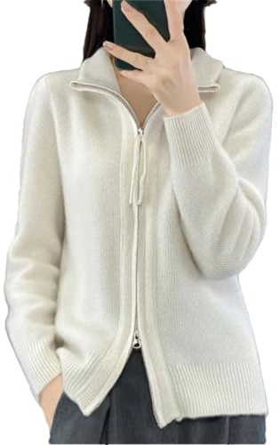 Alloaone Ståkrage för kvinnor cardigan ull dragkedja lös långärmad kashmir stickad bottentröja, Vitt, XL