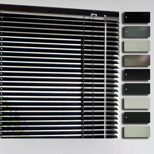 Aluminium Jalousie nach Maß, Hochwertige Maßanfertigung Alu Lamellen Jalousien Rollo Plissee, Schwarz, Weiß, Silber, Rot, Beige, Grün, Braun, Gelb, Lila, Blau, auch ohne Bohren (Schwarz)