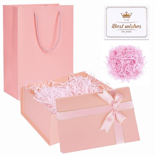 BoîTe Cadeau Rose 22 x 16 x 8,5 cm Boite Cadeau Anniversaire, Boite Carton avec Couvercle et Nœud en Ruban, Boite Cadeau Vide, pour Saint-Valentin Anniversaires Vacances Noël Thanksgiving