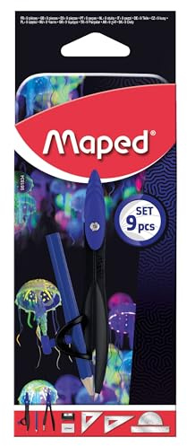 Maped - Coffret Mathset Compas Scolaire Deepsea Paradise - Compas Bague + Compas Mine + Set de Traçage + Taille-Crayon + Gomme + Crayon