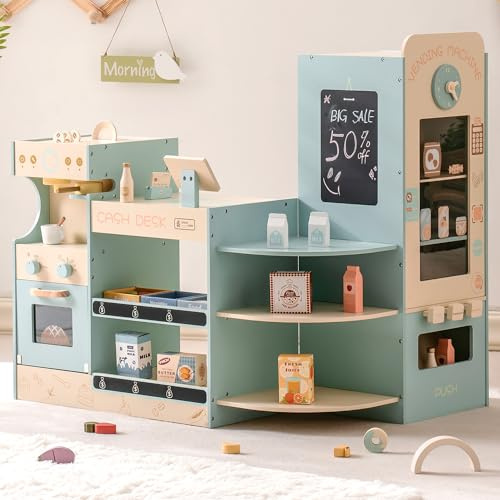 ROBUD Carica per bambini, Negozio di spesa in legno,Giocattoli per il negozio di alimentari con macchina per il caffè Banco di vendita automatico, grande giocattolo di ruolo,3+
