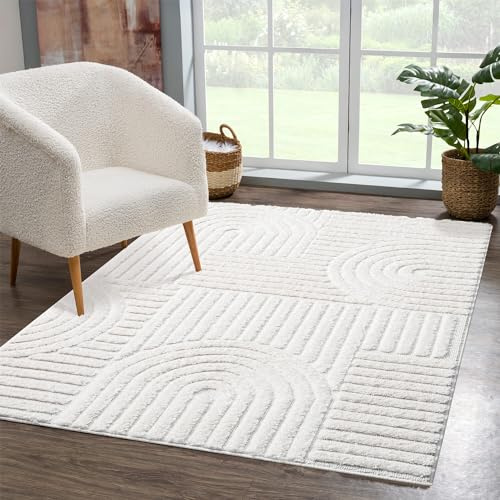 carpet city Teppich Wohnzimmer Hochflor Creme - 160x230 cm - Hochtief-Muster, 3D-Effekt Geometrisch - Bettvorleger Schlafzimmer Teppiche Boho, Skandi