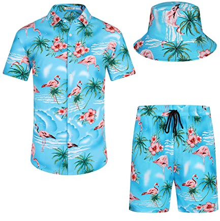 SPKPKEY Men's Flamingo Hawaiian Shirt and Short Set 2 Piece Vacation Outfits Sets with Bucket Hats Sky Blue X-Large