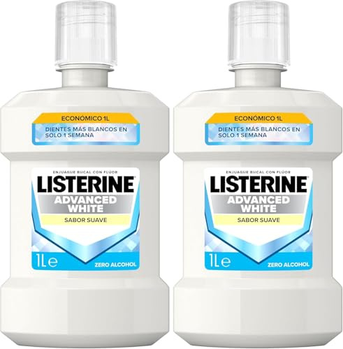 Listerine Advanced White Sabor Suave (1 x 1 L), enjuague bucal formato ahorro 0% alcohol, enjuague bucal sin alcohol, colutorio blanqueador dental para una limpieza óptima (Paquete de 2)