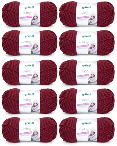 Gründl Wolle Living - Dicke Wolle zum Häkeln und Stricken - Winterwolle - Weich und wärmend - 80% Polyacryl, 20% Polyamid - 10 Knäuel 100 g / 100 m - Nadelstärke 8-9 - weinrot