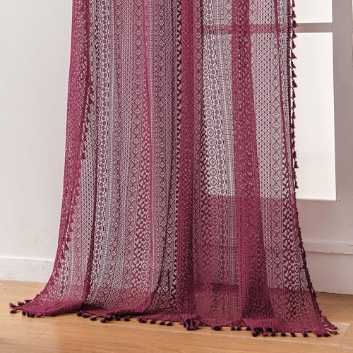 WAZZIO Boho Lace Curtains 84 Inches 2 Panel,Light Filtering Privacy Tassel & Geometry Crochet Semi Sheer Curtain Drapes for Bedroom Living Dining Room,Rod Pocket & Tassel,Burgundy Red