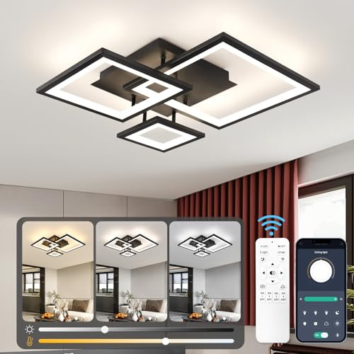 EIDISUNY LED Deckenleuchte Dimmbar, 36W 50cm Deckenlampe Schwarz Modern Wohnzimmerlampe mit Fernbedienung, 3000K-6500K, 3-Quadratisch Schlafzimmerlampe Led Deckenbeleuchtung für Büro Küche esszimmer.
