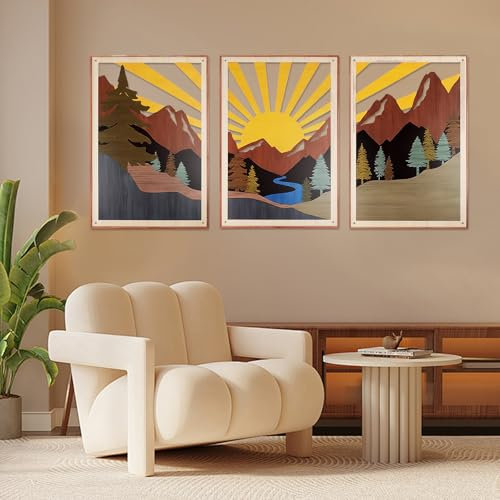 YiYa Lot de 3 décorations murales en métal de montagne moderne à suspendre au soleil et forêt - Décoration murale bohème pour la maison, le salon, la chambre à coucher