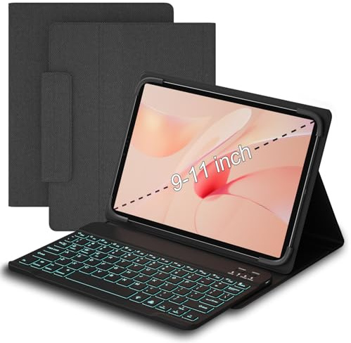 baaaq Funda universal para tablet con teclado para tabletas de 9, 9,7, 10,1, 10,2, 10,4, 10,5, 10,9 y 11 pulgadas, con teclado Bluetooth inalámbrico extraíble para iPad, Samsung, Pixel, otras tabletas