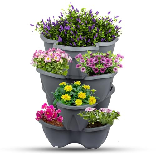 Faboer Set of 6 Black Stackable Trio Strawberry Planter Pot Vegetables Potatoes, Tomatoes, Flowers, Fruits Garden Patio Outdoor Self Watering Vertical Flower Pot