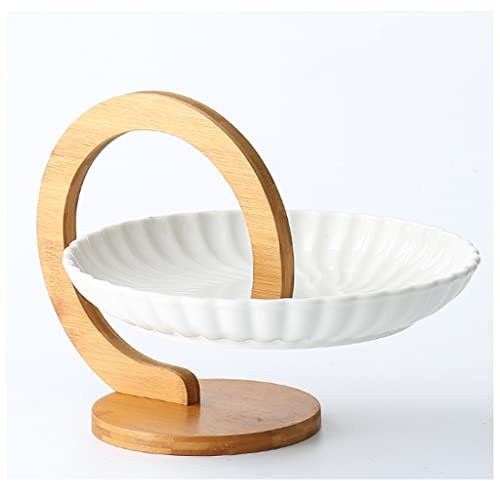 Juego de fruteros con Pedestal Decorativo y Rejilla de bambú Natural, Juego de bandejas de cerámica para Servir Frutas, postres, Aperitivos, Pasteles y fruteros