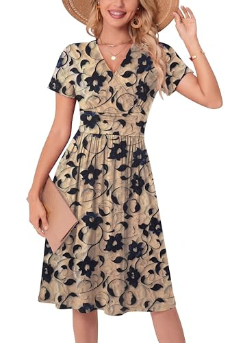 WUWUSKY Robe Femme Chic et Elegant d'été Sexy à Col en V Robes à Manches Courtes Légère et Décontractée avec 2 Poches Latérales, Fleur Abricot et Noir, XL