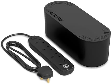 D-Line Cable Tidy Box with 4 socket 2m Extension Lead 13amp Surge Protected, Cable Management Solution, TV Wire Tidy, Desk Cable Organiser - Small, Black