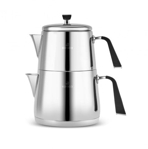 Karaca Fiona Stainless Steel Turkish Teapot Set, Induction Compatible, 1L Turkish Tea Pot & 2L Water Tank, Silver (Caydanlik)