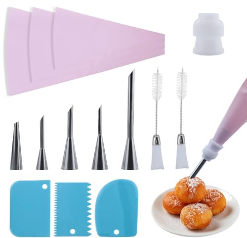 Piping Bags and Nozzles Set, for Cake, Pastries,14 Pcs Cake Piping Kit with 3 Reusable Piping Bags Icing Bag,5 Stainless Steel Cake Piping Nozzles Tips Kits,1Coupler, 3 Plastic Scrapers and 2 Brushes