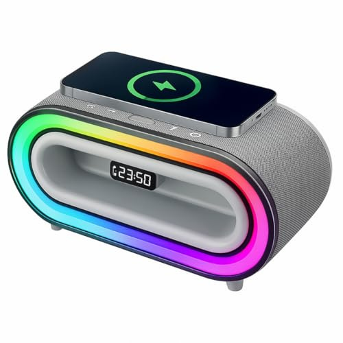 MDHL Réveil Digital LED avec Haut-Parleur Bluetooth 20W et Chargeur sans Fil Qi 15W - Horloge Multifonction avec Lumière RGB 7 Couleurs, Machine à Bruit Blanc et Étanchéité IPX4 - Design Moderne 240mm