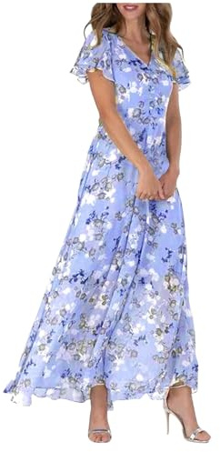 Robe longue d'été pour femme - Robe longue en mousseline de soie - Fleurs - Manches courtes - Volants - Col en V - Taille fluide - Robe florale courte, lilas, M