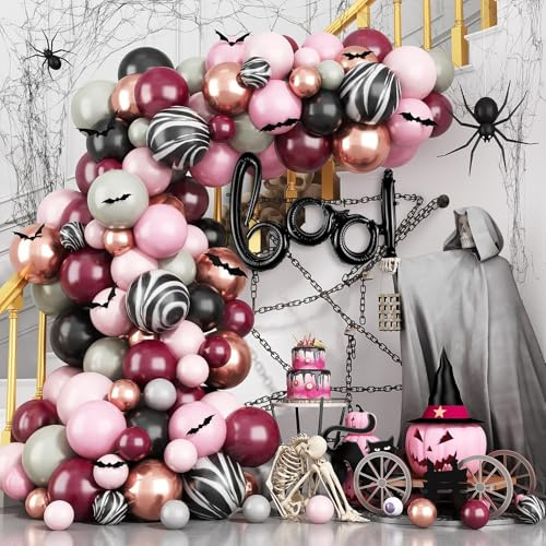 Kit d'arche de ballons d'Halloween, décorations de fête d'Halloween, ballons en latex 3D rouge foncé, noir, or rose métallisé, marbre agate rose, noir, ensemble d'autocollants 3D pour intérieur et