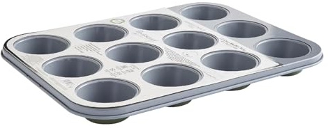 Cooksmart Signature 12 Cup Muffin Tray, Carbon Steel, Green | PFOA-free non-stick coating, dishwasher safe, durable construction, ideal for muffins and cupcakes