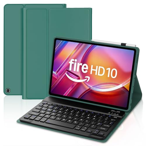 Keyboard Case for Fire HD 10/HD 10 Plus 10.1 Inch(13th/11th Generation, 2023/2021), Slim Cover with Detachable Wireless Bluetooth Keyboard for All-New Fire HD 10/HD 10 Plus 10.1 Tablet, Dark Green