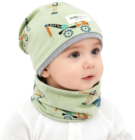FUIPVGI Conjunto de gorro y bufanda para niños, conjunto de gorro de algodón para niños y niñas, conjunto de bufanda elástica de dibujos animados para niños de 2 a 8 años para otoño, invierno y