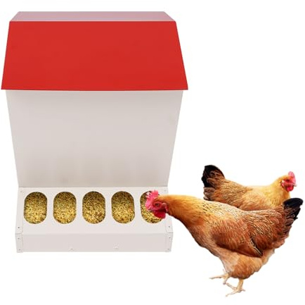 Dispensador automático de alimentos para pollos de 10 agujeros, robusto acero galvanizado con revestimiento de plástico, 1 mm de grosor de pared, 11 kg, capacidad de color blanco y rojo para aves de