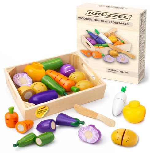 Gemüse Schneide-Set mit Klettverschluss- Kinderküche Zubehör aus Holz für Kinder ab 3 Jahren - Kaufladen Zubehör Spielküche - Kinderküchen Zubehör - Kaufmannsladen Zubehör - Geschenk für Kinder