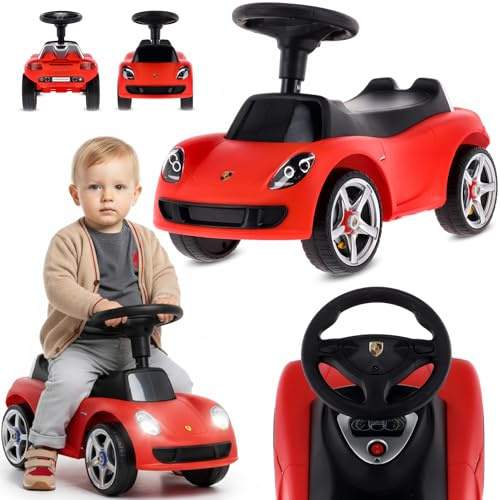 sun baby Rutschauto ab 18 Monaten – Porsche Carrera GT – Lenkrad mit Knöpfen, Scheinwerfer, realistische Aufkleber, bis 30 kg, Rot | Lenkrad mit Knöpfen, Scheinwerfern, realistische Abziehbilder, bis 30 kg