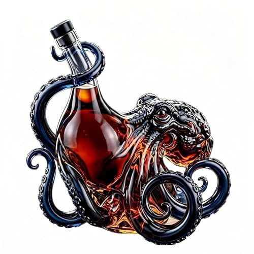 Rum Edition 3D Octopus Glass Bottle, 3D Sculpted Octopus Collector's Edition Bottle, Deep Sea Decor Whiskey Decanter, Collector Display for Whiskey Wine Spirits Soda (Blue)