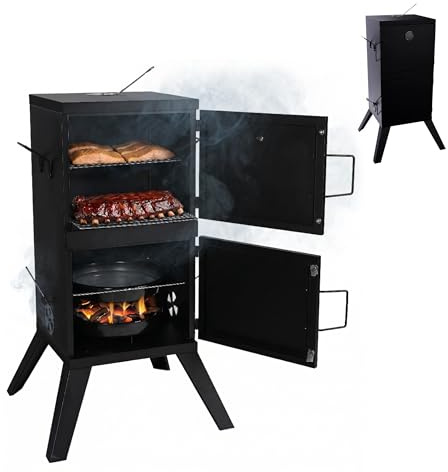Relaxdays Smoker affumicatore, carne e pesce, 2 ripiani, termometro, a carbone, HxLxP: 108,5x57x56 cm, acciaio, nero