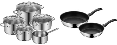 WMF Provence Plus - Batería de Cocina, Acero Inoxidable Cromargan, Tapas Cristal + Set 2 sartenes Devil 24 cm y 28 cm, con antiadherente para todo tipo de cocinas incluido inducción, aluminio fundido
