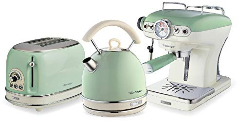 Ariete ARPK17 Retro Style Dome Kettle, 2 Slice Toaster and Espresso Machine Set, Vintage Design, Green