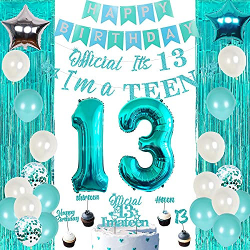 Partydekorationen zum 13. Geburtstag Blaugrün – Happy 13th Birthday Dekorationen enthalten Banner Girlande Kuchen Cupcake Topper Türkis Fransenvorhang Nummer 13 Folienballon
