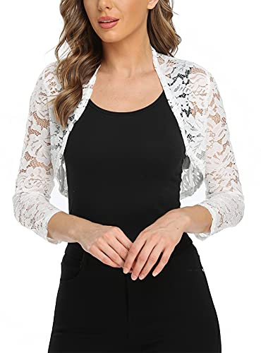MISS MOLY Bolero Dentelle Femme Gilet Court Elégant Mariage Manches 3/4 Veste Ouverte Chic pour Robe Bretelle S Blanc