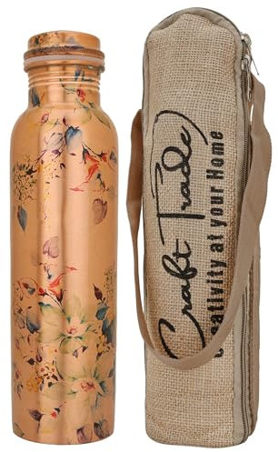 Craft Trade Floral Printed Pure Copper Bottle with Lid and Carry Bag for Drinking Water BPA Free Leak Proof Boosts Immunity, Supports Digestive & Liver Health, Ayurveda Inspired 34oz - 1 Litre Natural