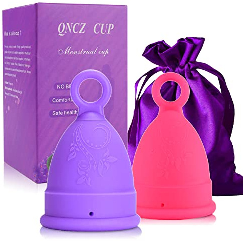 Coppette mestruali – Set di 2 coppette mestruali riutilizzabili, design premium con silicone morbido, flessibile e di grado medico + 1 borsa portaoggetti (piccolo/grande (confezione da 2), stelo