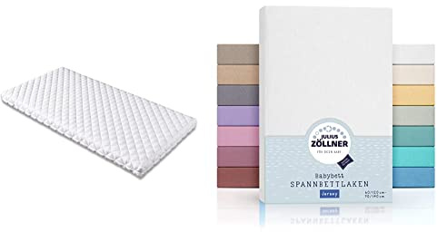 Traumnacht BT Kiddy Kindermatratze, 60 x 120 cm & Julius Zöllner 8380313100 Jersey Spannbetttuch Doppelpack für das Kinderbett, Gr. 60x120 / 70x140, weiß, 2er Pack